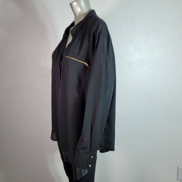 Ophelia Roe Top Plus Size 1X High Low Zip Pockets Semi Sheer Long Sleeve Black - Picture 3 of 6